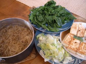 noodles, spinach, cabbage and tofu for sukiyaki