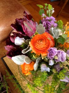 dark purple parrot tulips, orange ranunculus, wonderful ferns . . . 