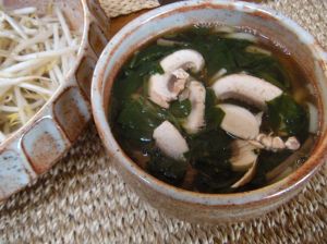 beef bone broth with udon, spinach and mushrooms . . . 