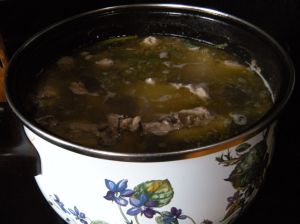 "tampopo" broth with chicken and pork bones . . .