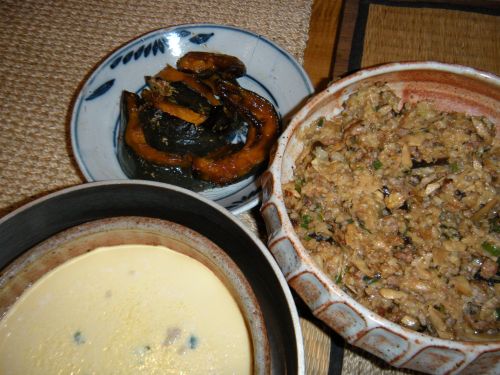 leftover fried rice, steamed eggs and glazed kabocha squash. . . 