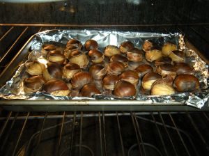 split open chestnuts roasting in the oven. . . 